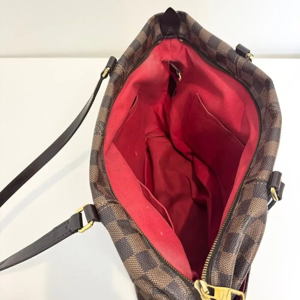 Louis Vuitton Damier Ebene Totally MM Tote Shoulder Bag Gold Zip Side Pockets LV